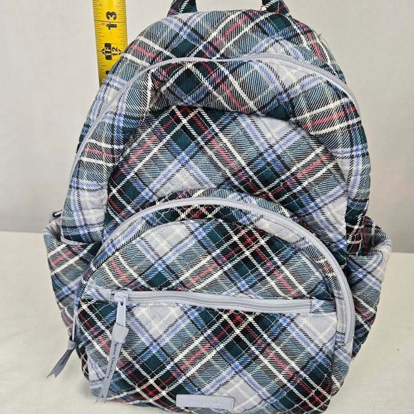 Vera Bradley Essential Compact Quilted Plaid Campus Backpack Snowy Grey Blue - Picture 7 of 9